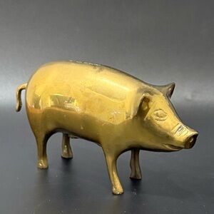 Vintage Brass Pig 7-inch Long Two-tone Brass Piggy Bank Coin Bank 14oz.